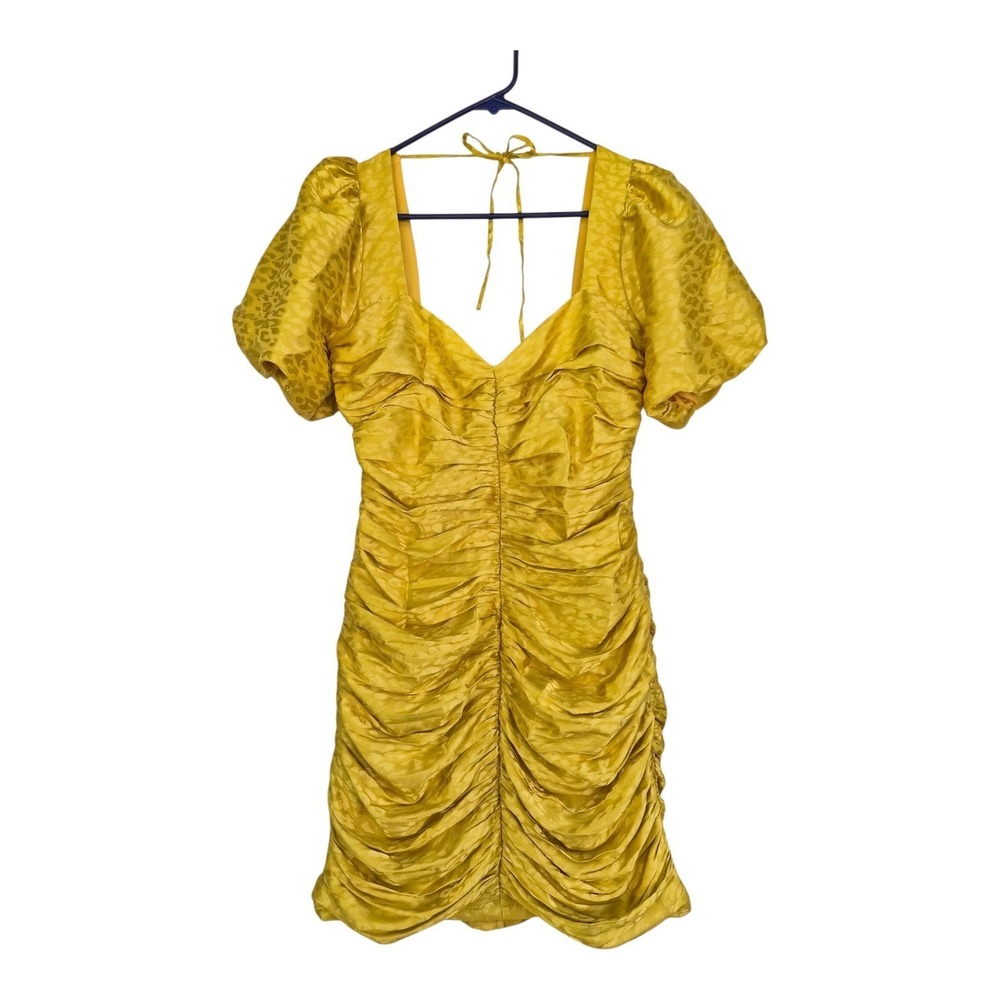 Adelyn Rae Nissa Ruched Mini Dress S Honeycomb Yellow Jacquard Puff Sleeve NWT